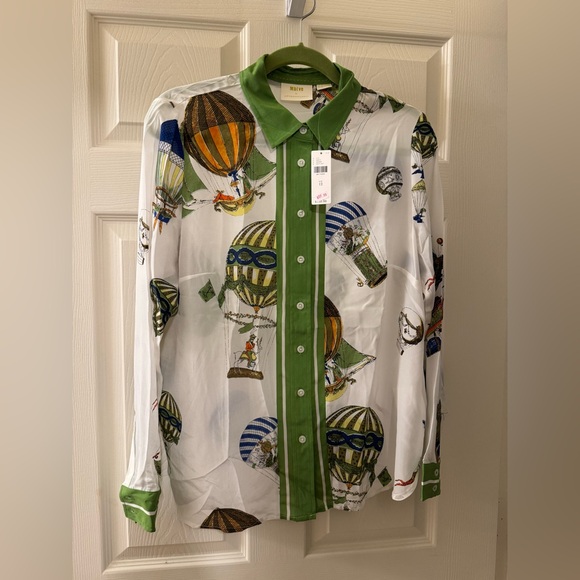 Anthropologie Tops - Anthropologie Maeve Green and White Hot Air Balloon 100% Silk Blouse size 12 NWT